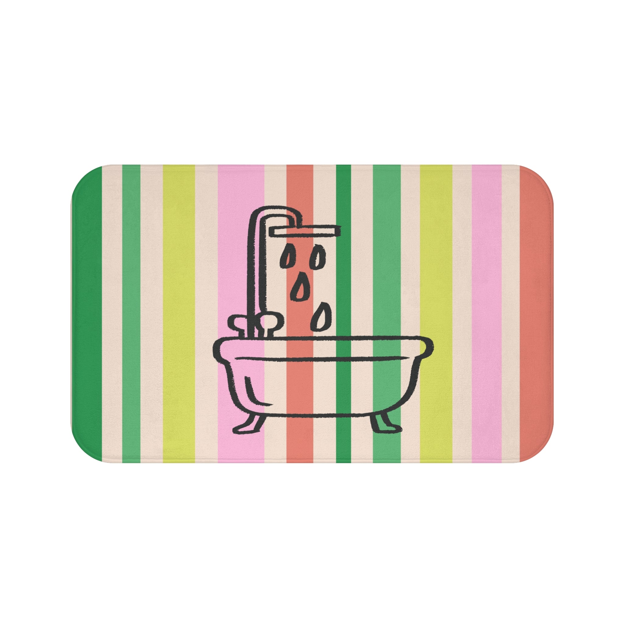 Striped Pastel Bath Mat with Bathtub Icon — Cute Bathroom Rug