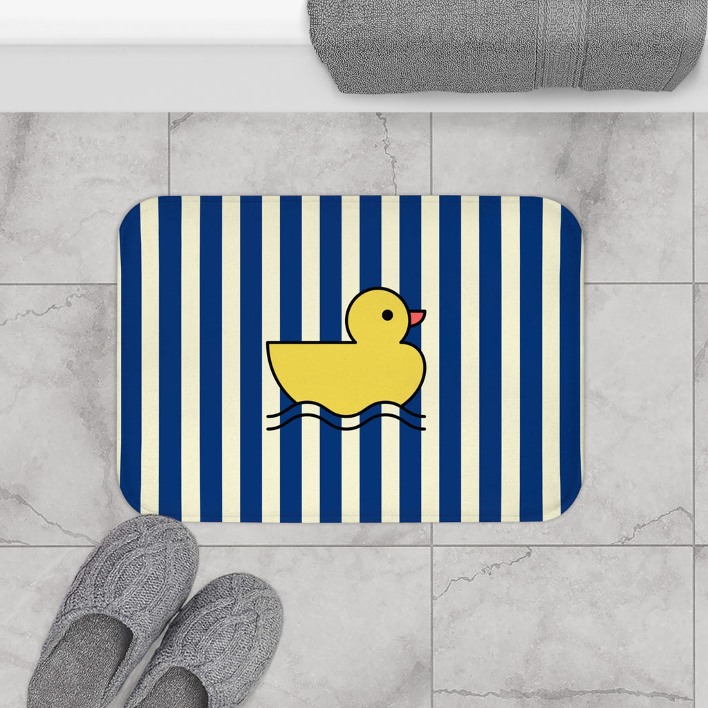 Cute Rubber Ducky Bath Mat — Navy Striped Kids Bathroom Rug