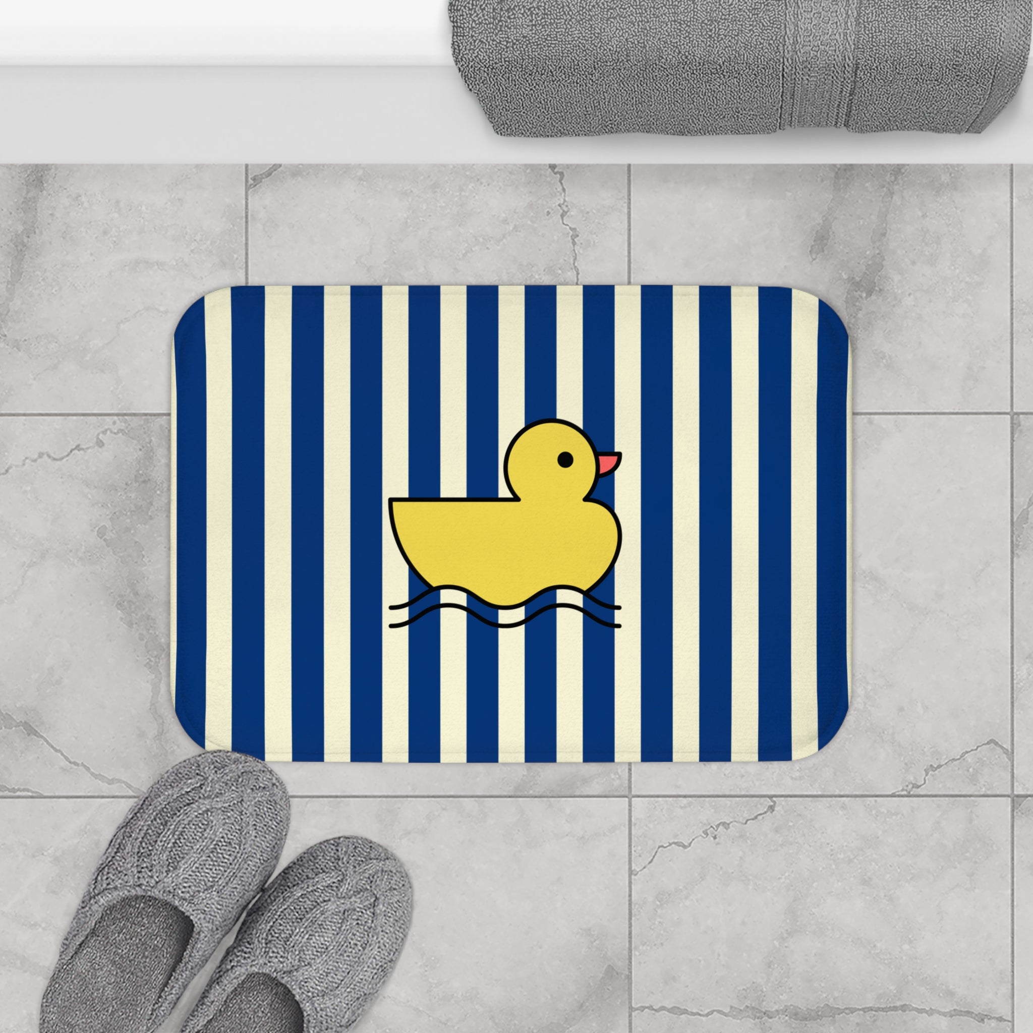 Cute Rubber Ducky Bath Mat — Navy Striped Kids Bathroom Rug