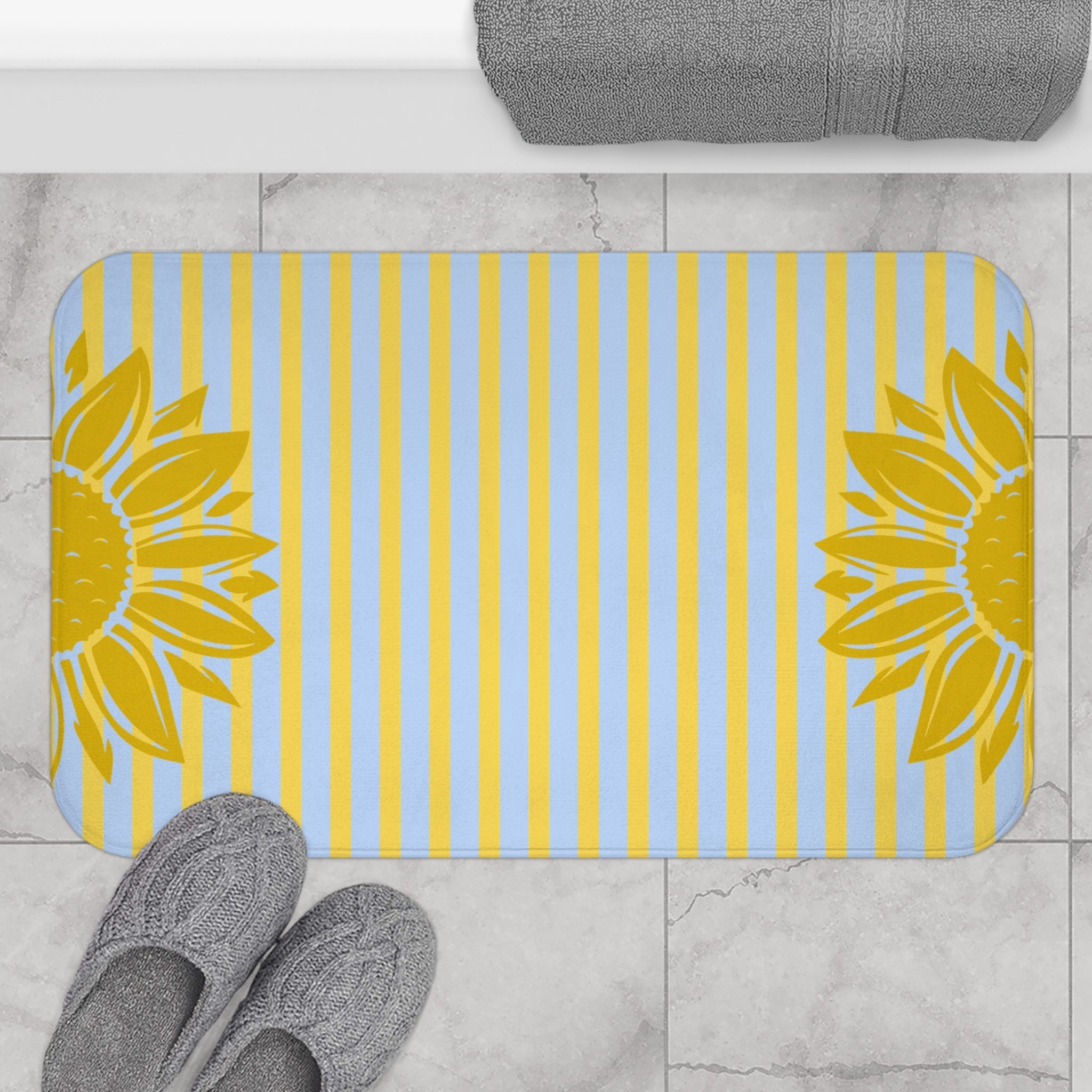 Preppy Sunflower Stripe Bath Mat – Yellow Sunflower Bathroom Rug