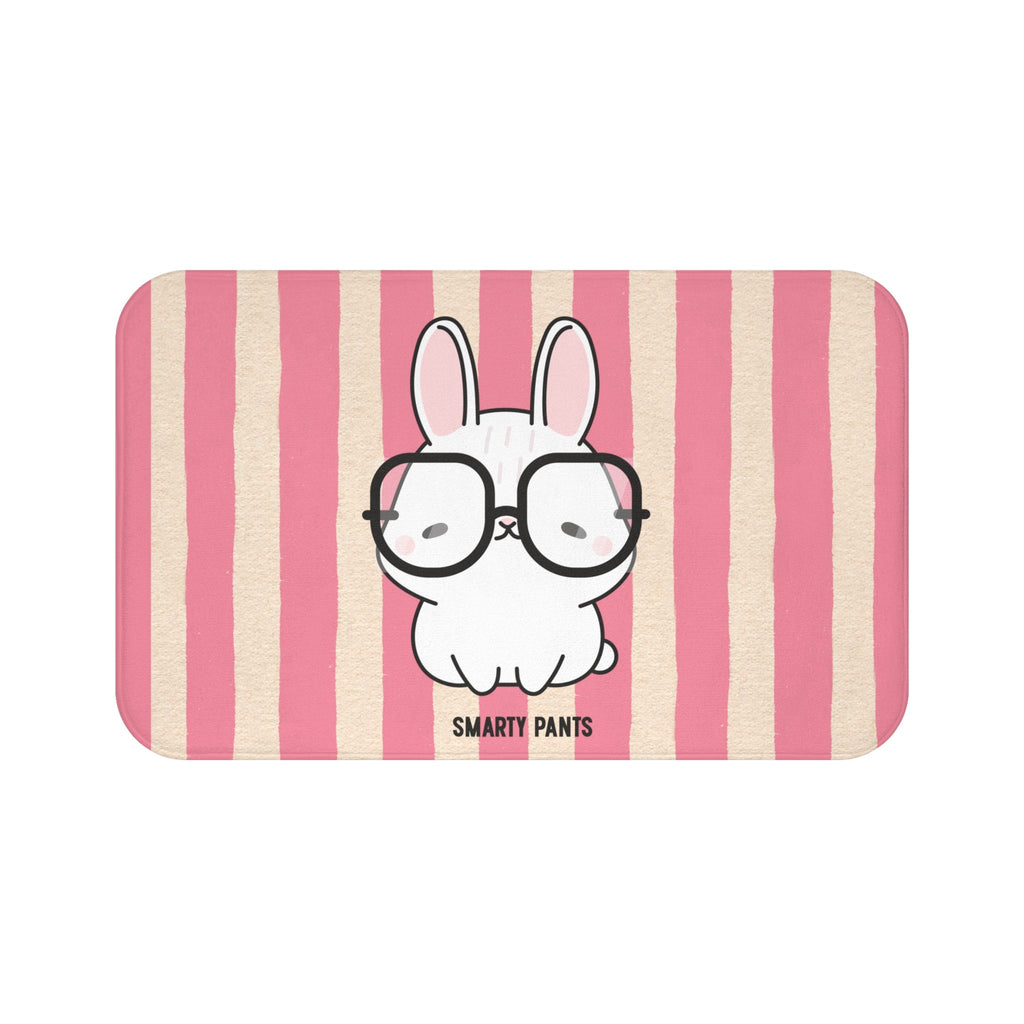 Cute Bunny "Smarty Pants" Bath Mat — PINK Striped Bathroom Rug for Kids & Nursery