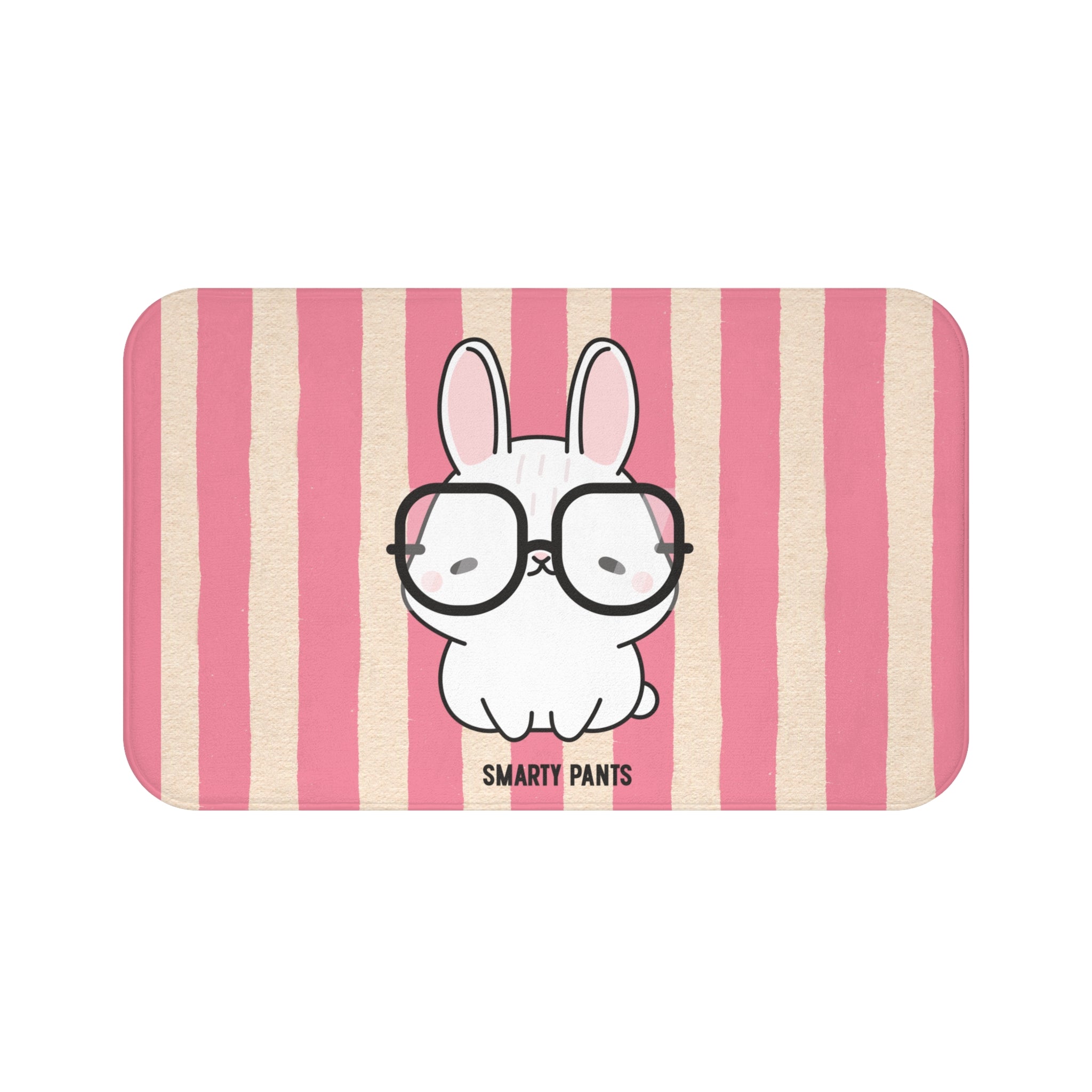 Cute Bunny "Smarty Pants" Bath Mat — PINK Striped Bathroom Rug for Kids & Nursery