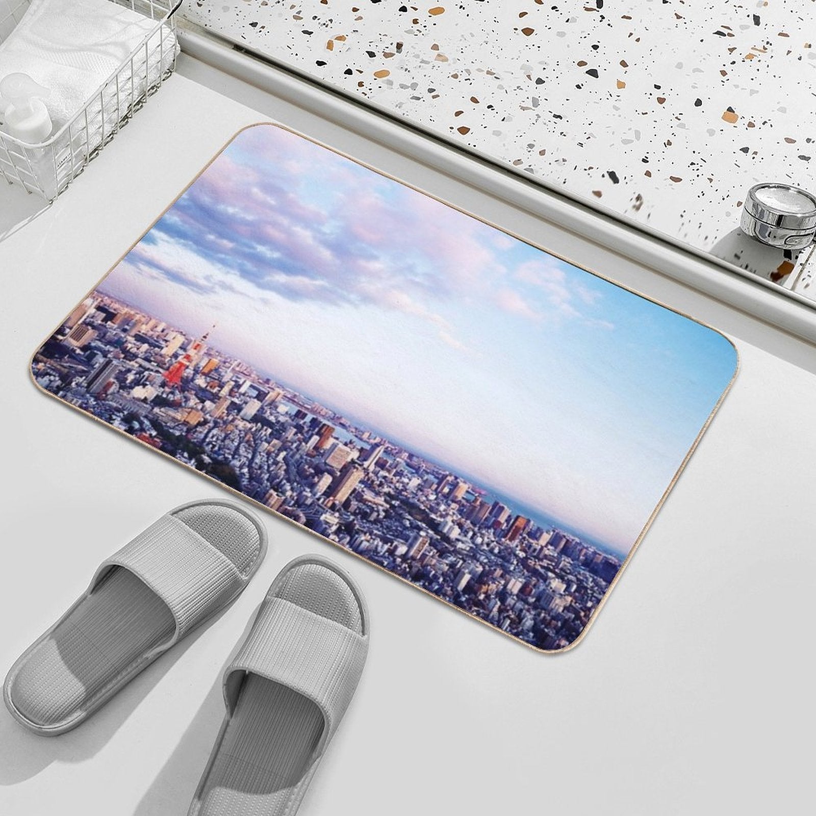 Tokyo Tower in Beautiful Aerial Scenery Tokyo City Under Vast Blue Sky Art Photo Print  Stain-Proof Bath Mat