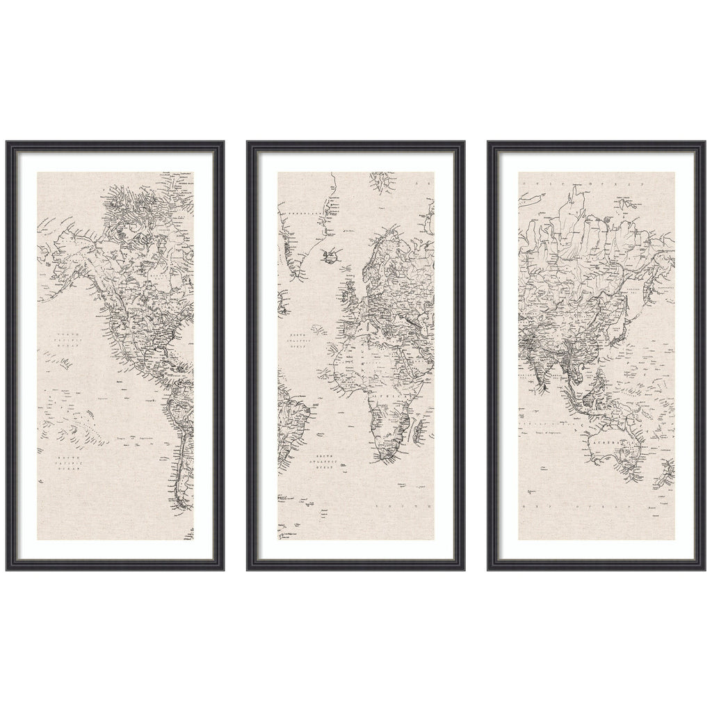 Vintage Black and White World Map Linen 3 Piece Framed Wall Art Print Set by The Creative Bunch Studio