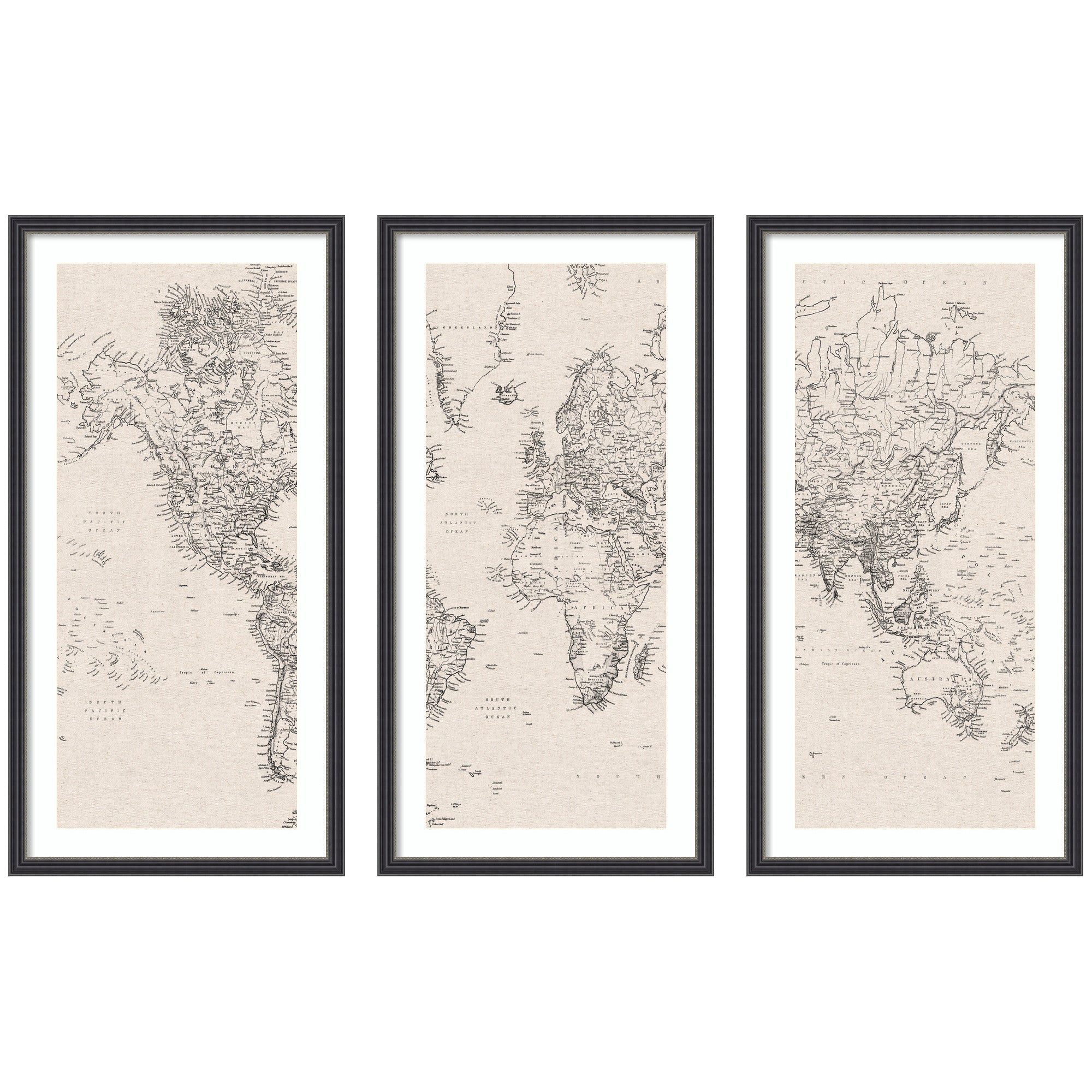 Vintage Black and White World Map Linen 3 Piece Framed Wall Art Print Set by The Creative Bunch Studio