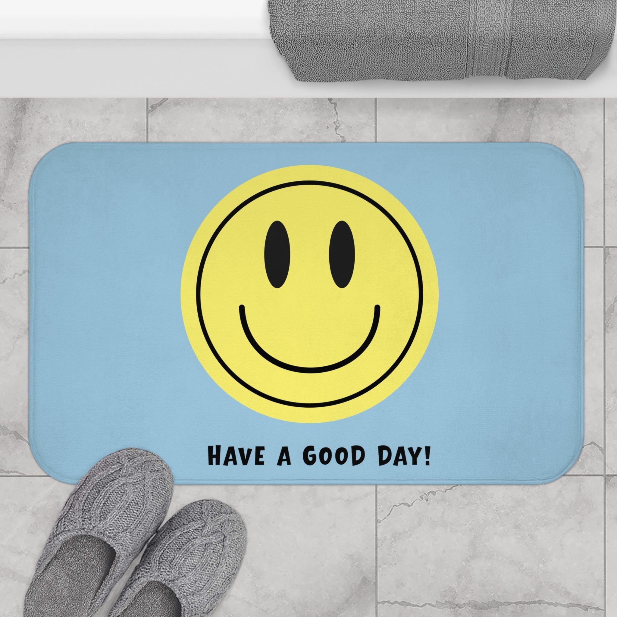 Smiley Face Bath Mat - "Have a Good Day!" Blue Kid's Bathroom Rug