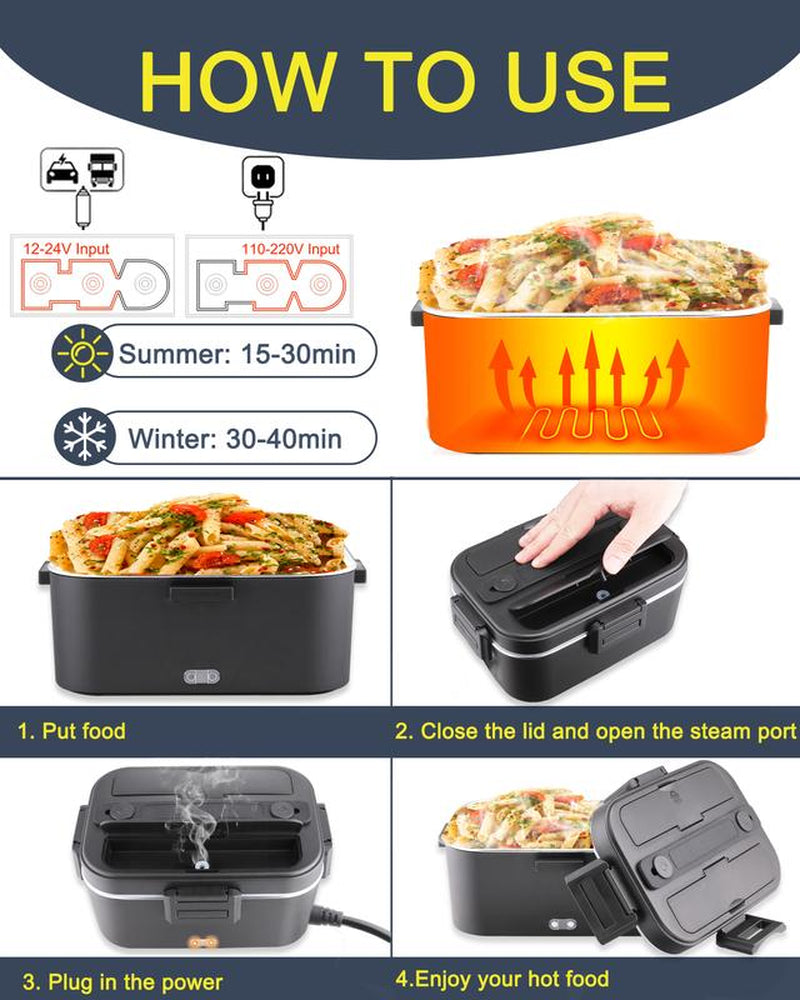 Electric Lunch Box 80W 1.5L Stainless Steel Bento Warmer with Indicator Light & Portable Tableware Set for Home Office Travel Food Quick Storage Fork 80W/1.5L/Black