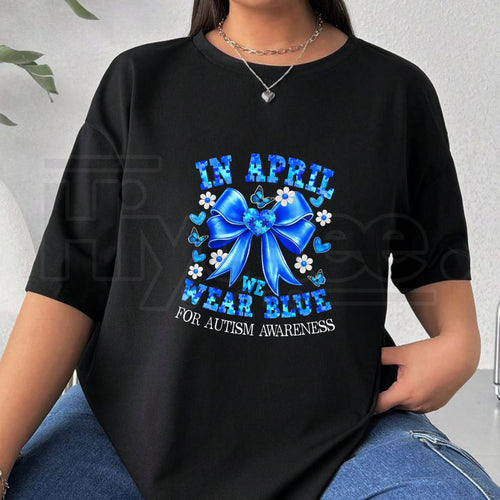 "April We Wear Blue" Autism Awareness – Coquette Bow Puzzle Graphic