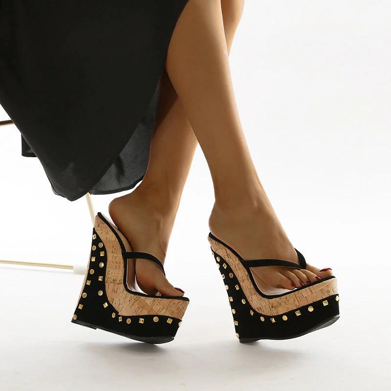Roman Style Rivets Herringbone Flip Flops Wood Grain Wedge High Heels