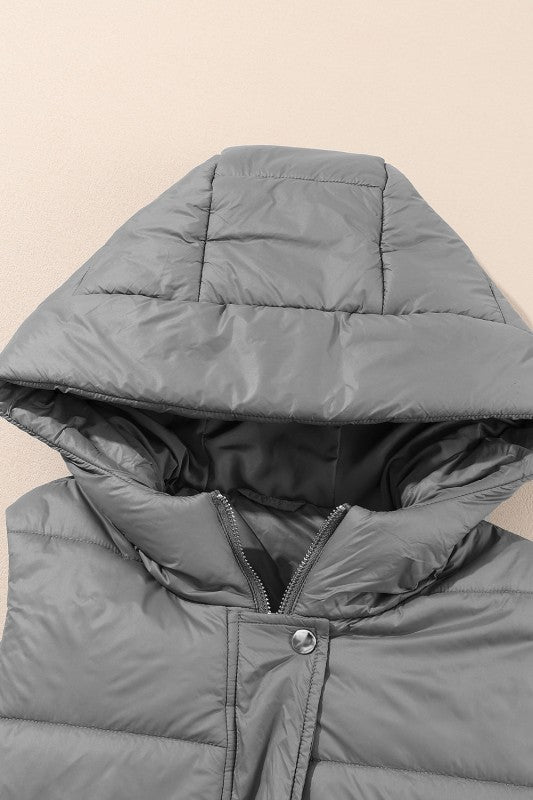 Solid Quilted Long Hooded Vest Coat
