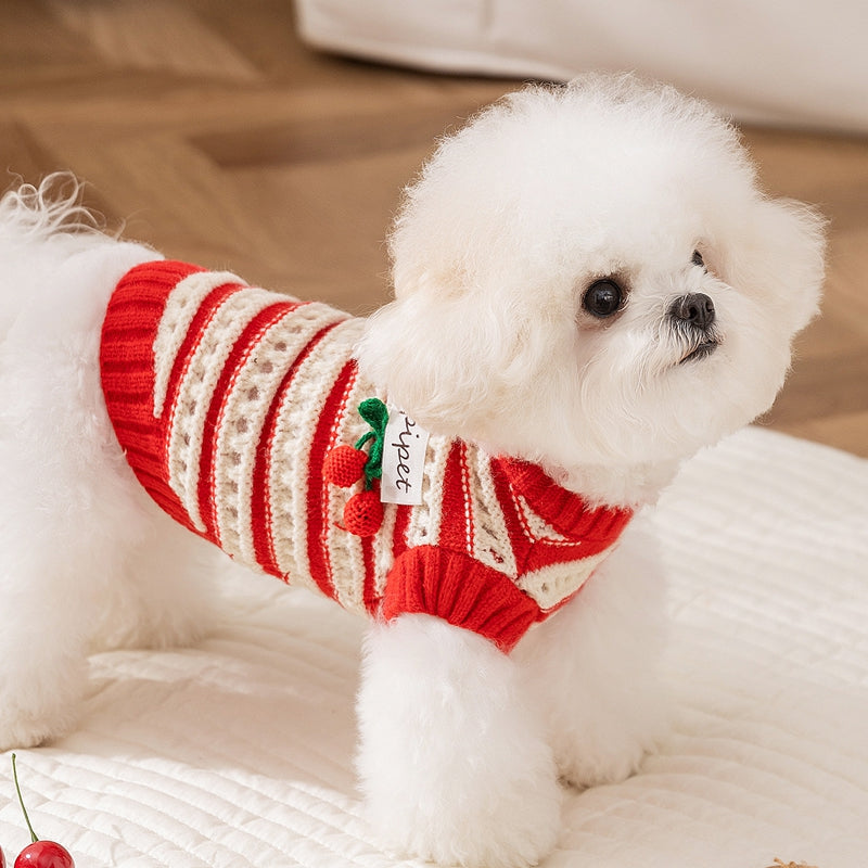 Autumn And Winter Dog Clothing, Warm, Hollowed-out Knitted Cherry Small Dog, Teddy Bichon, Cat Sweater, Pet Clothing