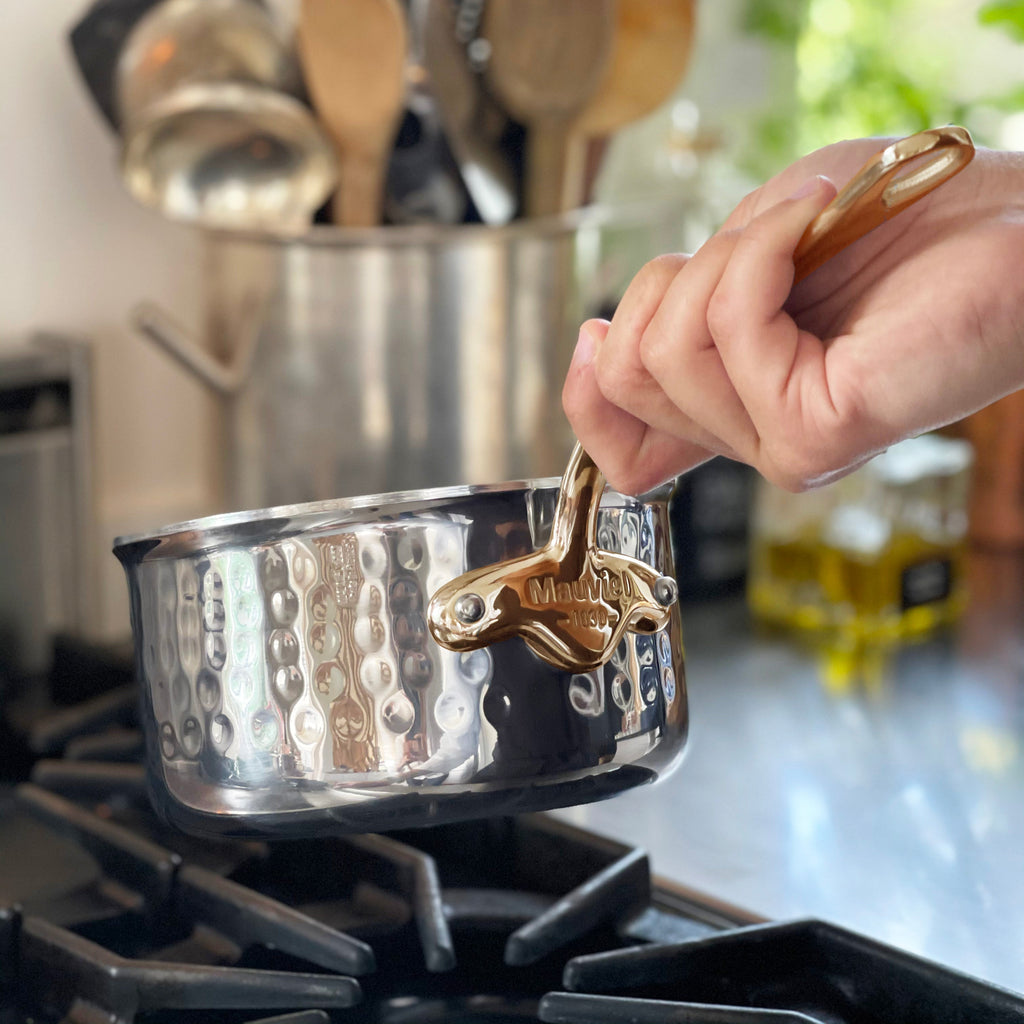 Mauviel 1830 M'ELITE B Hammered 5-Ply Sauce Pan With Curved Lid, Brass Handle