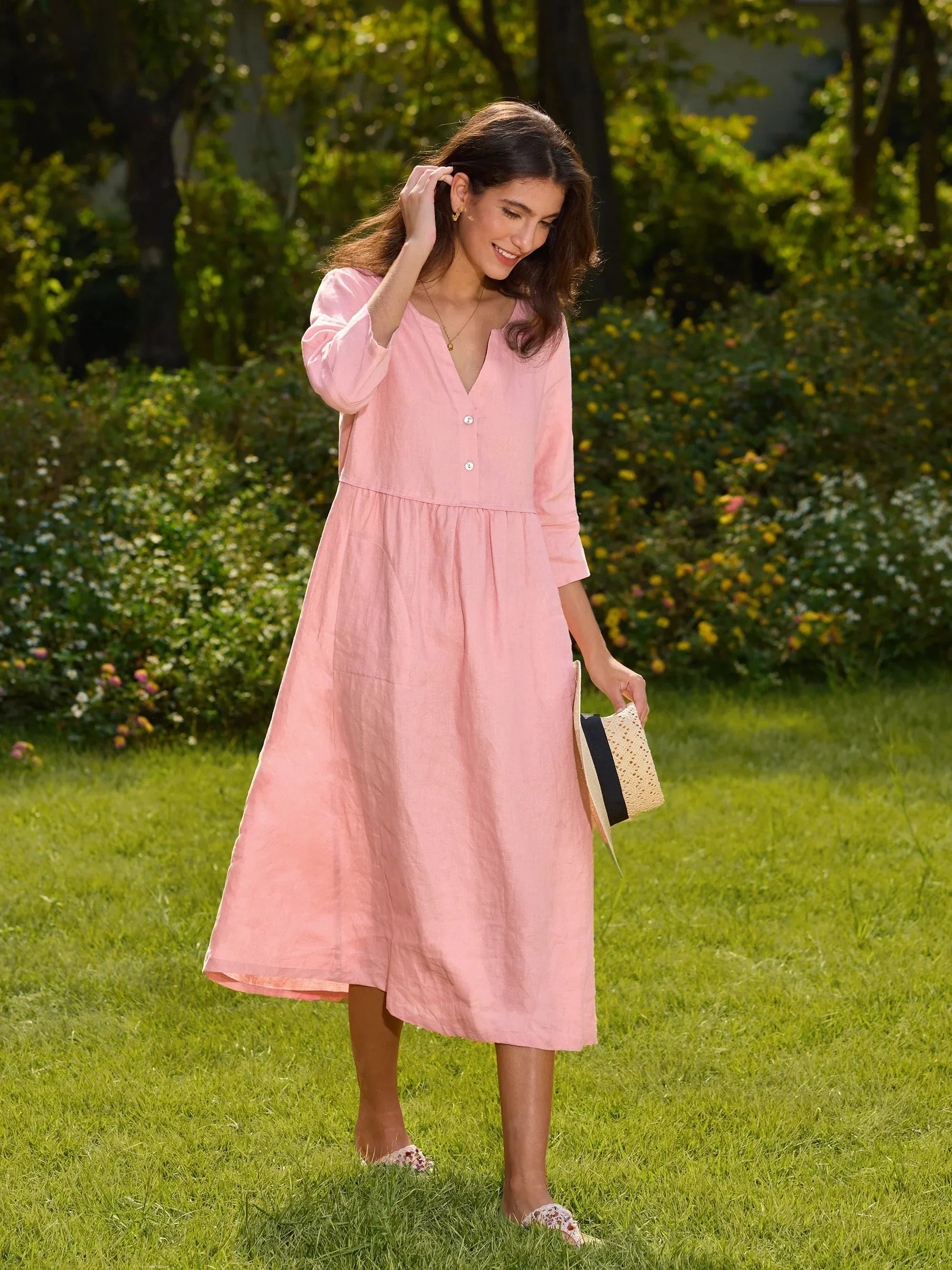 100% Linen Loose Fit Button Waist Gathered Maxi Dress LUNA