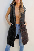 Solid Quilted Long Hooded Vest Coat