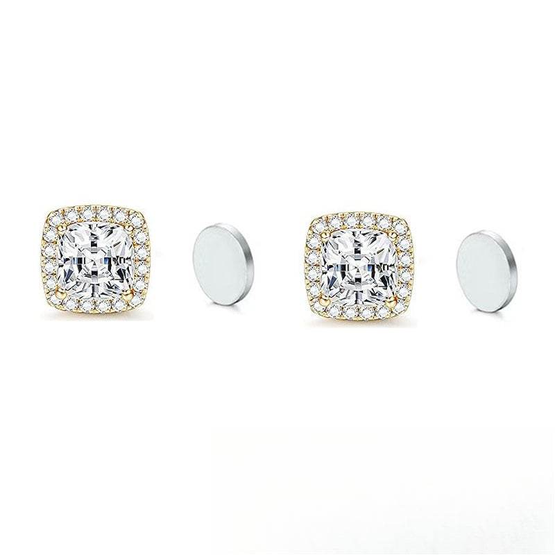 Stainless Steel Magnetic CZ Square Halo Stud Earrings for Men Women, Square Cubic Zirconia Inlaid Magnetic Earrings Non-Piercing Clip On Stud Earring