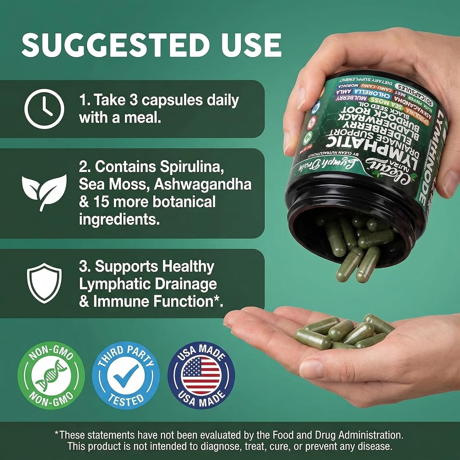 Organic Lymphatic Drainage Supplements | Elderberry Bladderwrack Burdock Root Black Seed Oil Spirulina Sea Moss Ashwagandha Chlorella Amla Beet Moringa Chlorophyll Lymph System Capsules by Clean Nutra