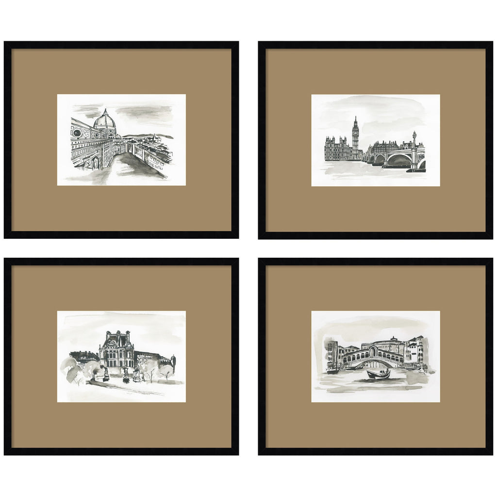 Vintage Europe 4 Piece Framed Wall Art Print Set by Teju Reval Brown Mat