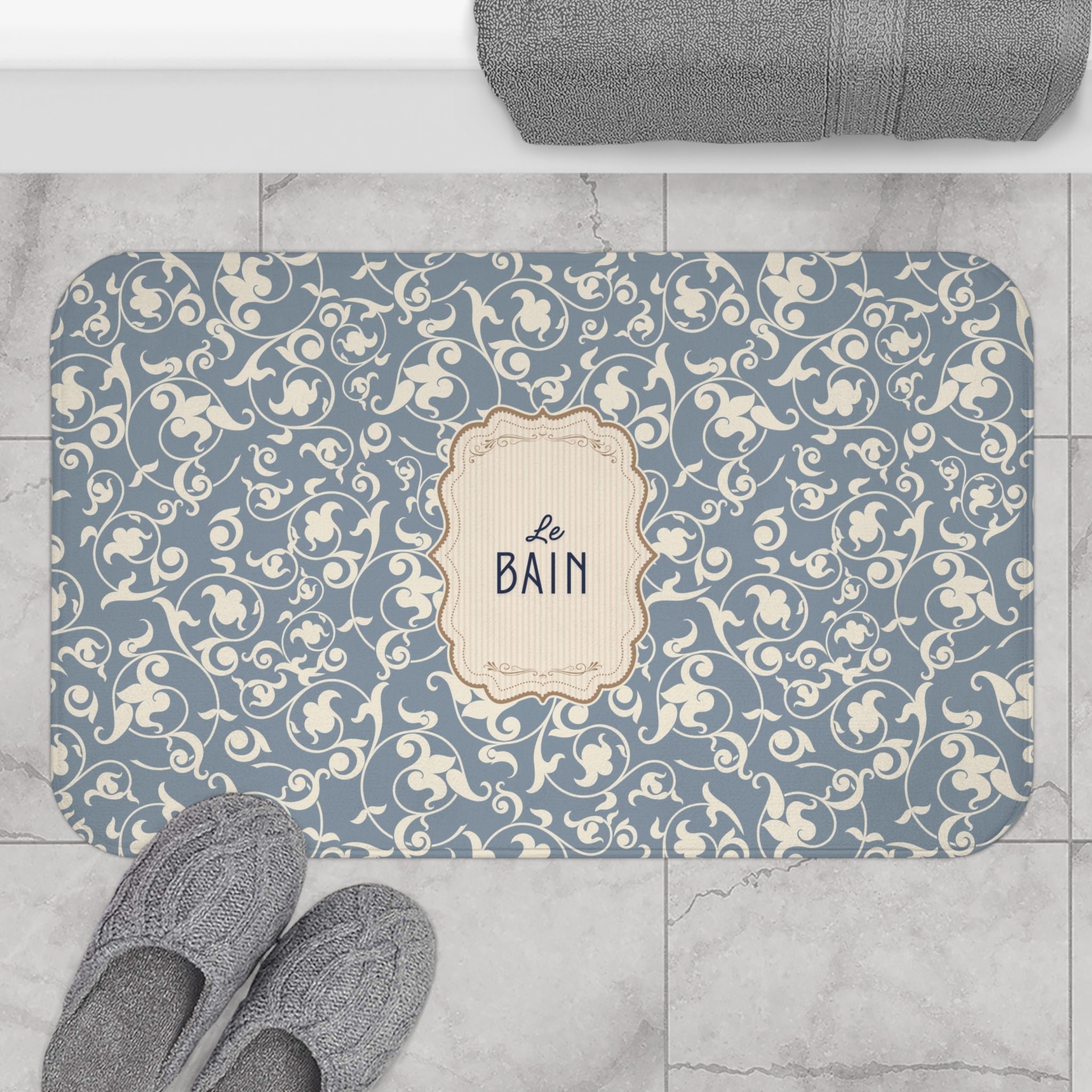 Le Bain Vintage Floral Bath Mat, Grey-Blue Pattern