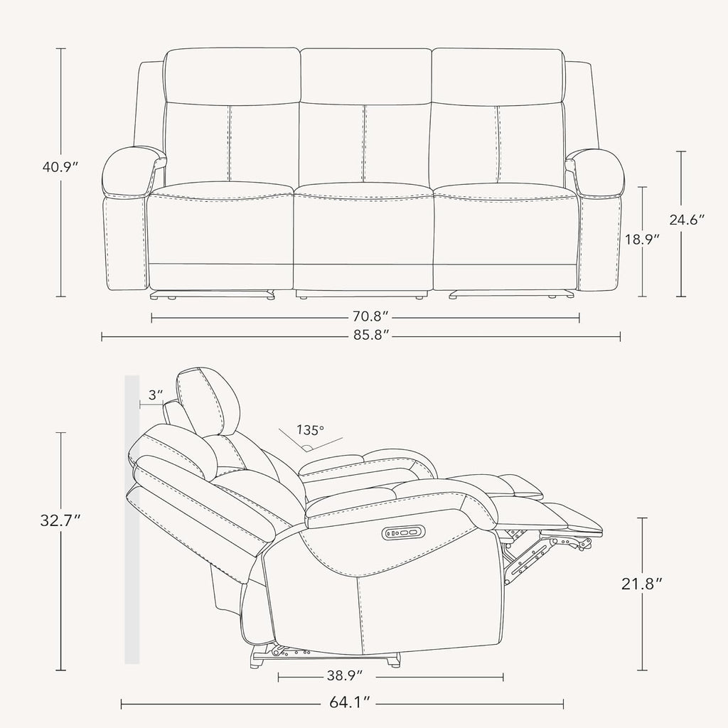 Navy Genuine Leather Power Recliner Sofa With USB Type C
