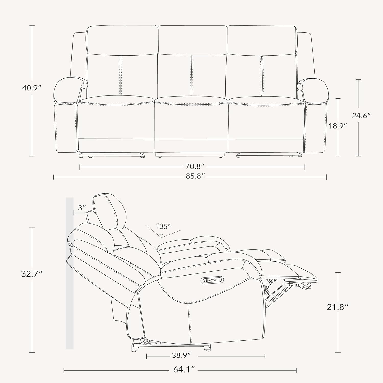 Navy Genuine Leather Power Recliner Sofa With USB Type C