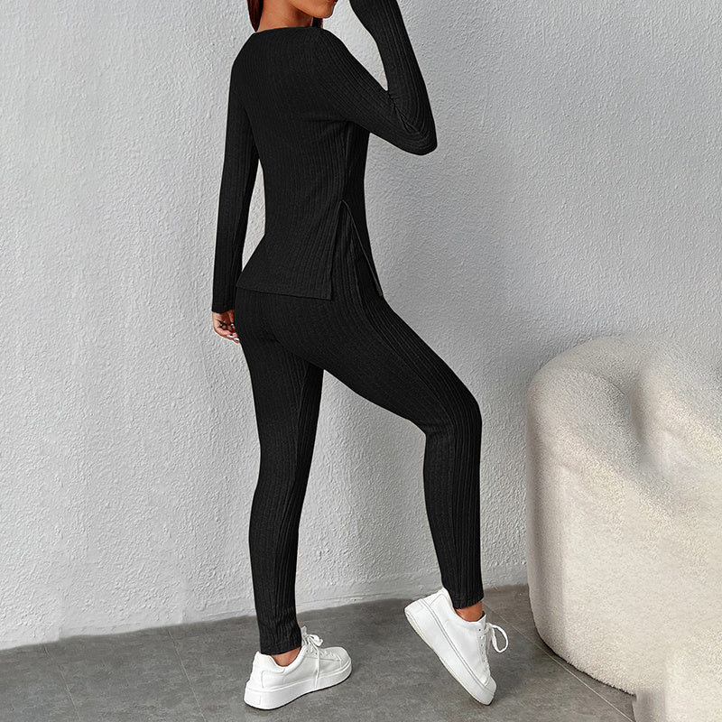 Women’s Ribbed Knit Long‑Sleeve Tee & Pants Set