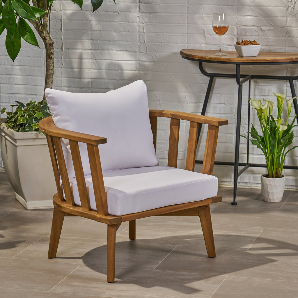 Outdoor Club Chair Acacia Wood White Water-Resistant Cushion 32x27x25.5 In