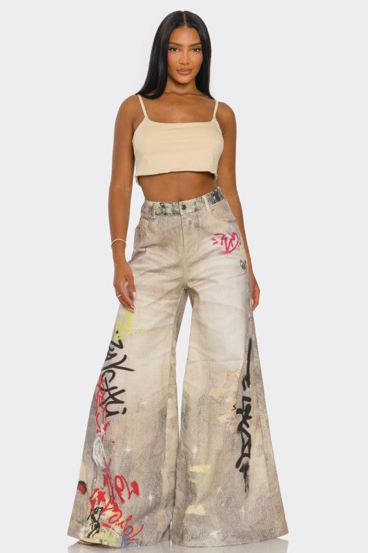Street Poet Graffiti Wide-Leg Jeans See size chart under “more details”