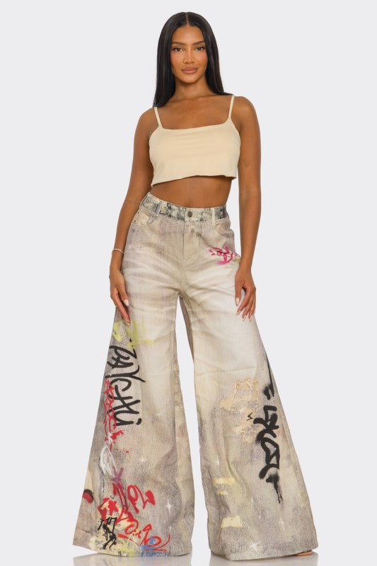 Street Poet Graffiti Wide-Leg Jeans See size chart under “more details”