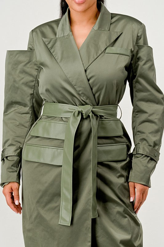 Olive Green Longline Trench Coat with Belt
