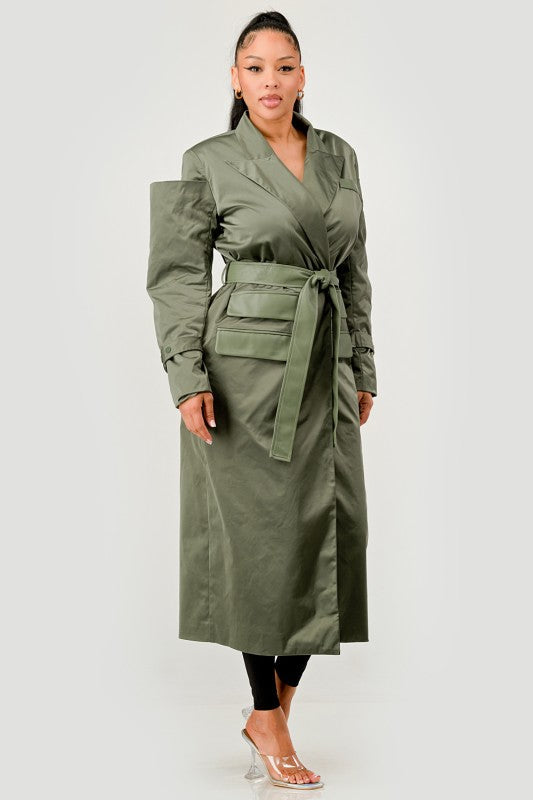 Olive Green Longline Trench Coat with Belt