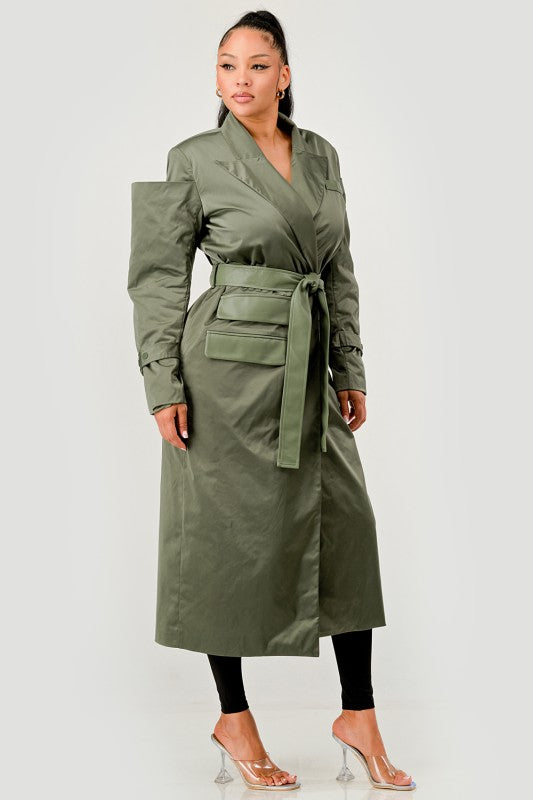 Olive Green Longline Trench Coat with Belt
