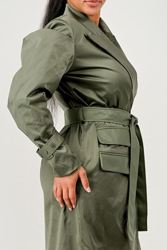Olive Green Longline Trench Coat with Belt
