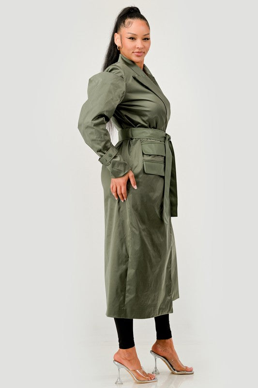 Olive Green Longline Trench Coat with Belt
