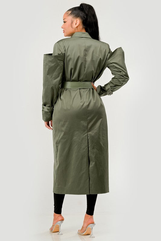 Olive Green Longline Trench Coat with Belt