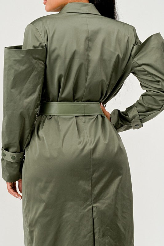 Olive Green Longline Trench Coat with Belt
