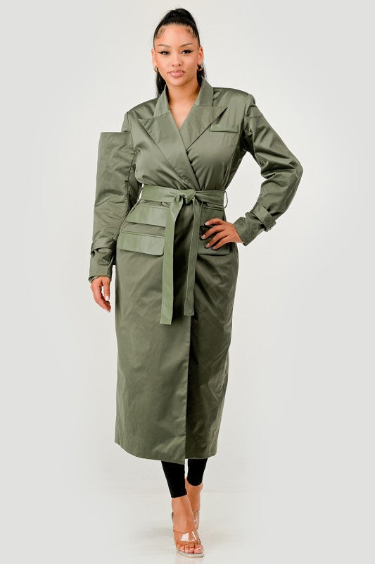 Olive Green Longline Trench Coat with Belt