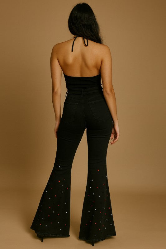 Midnight Bell Bottom Jean Halloween Rhinestones See size chart under “more details”