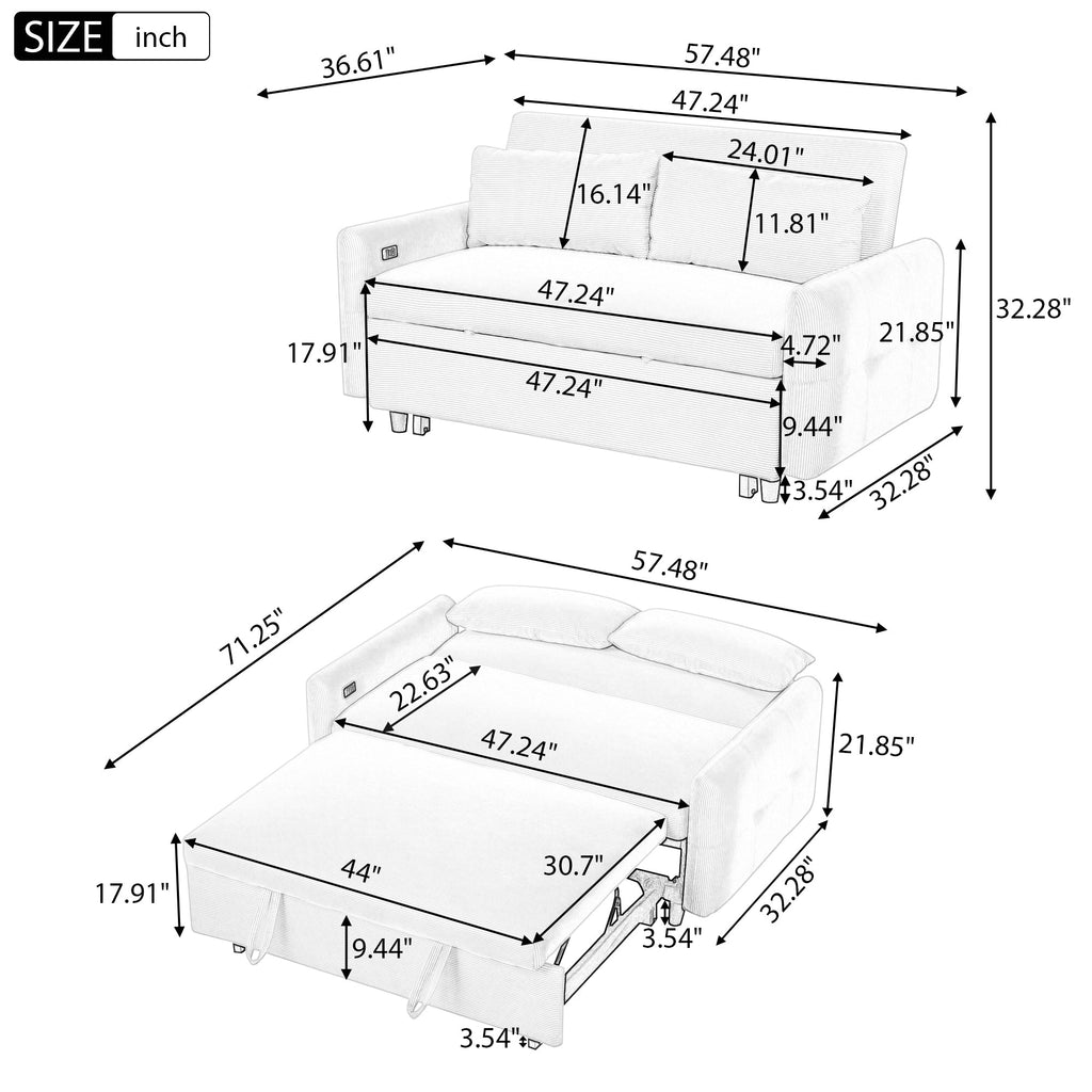Modern Convertible Pull-out Sofa Bed Loveseat with USB Ports, Light Grey-Green Corduroy, 57.48 Inches