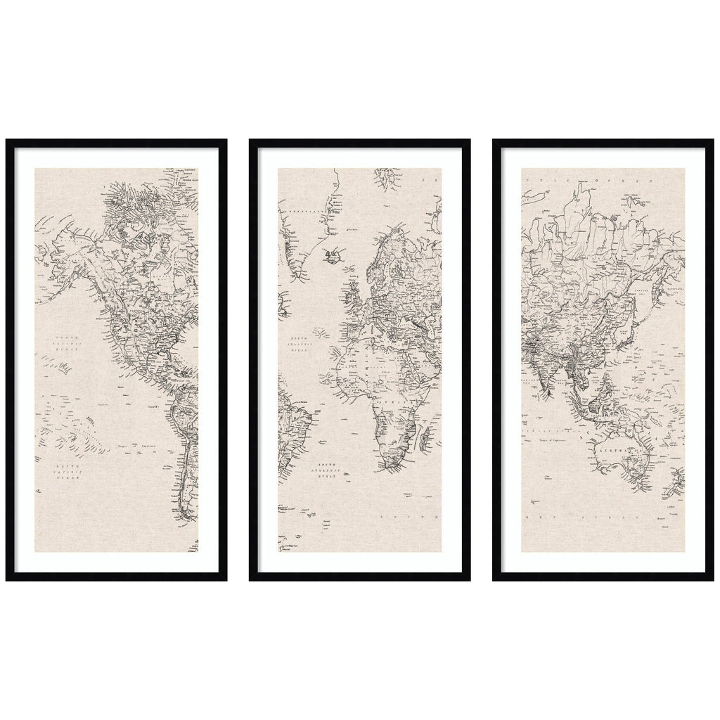 Vintage Black and White World Map Linen 3 Piece Framed Wall Art Print Set by The Creative Bunch Studio