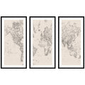 Vintage Black and White World Map Linen 3 Piece Framed Wall Art Print Set by The Creative Bunch Studio