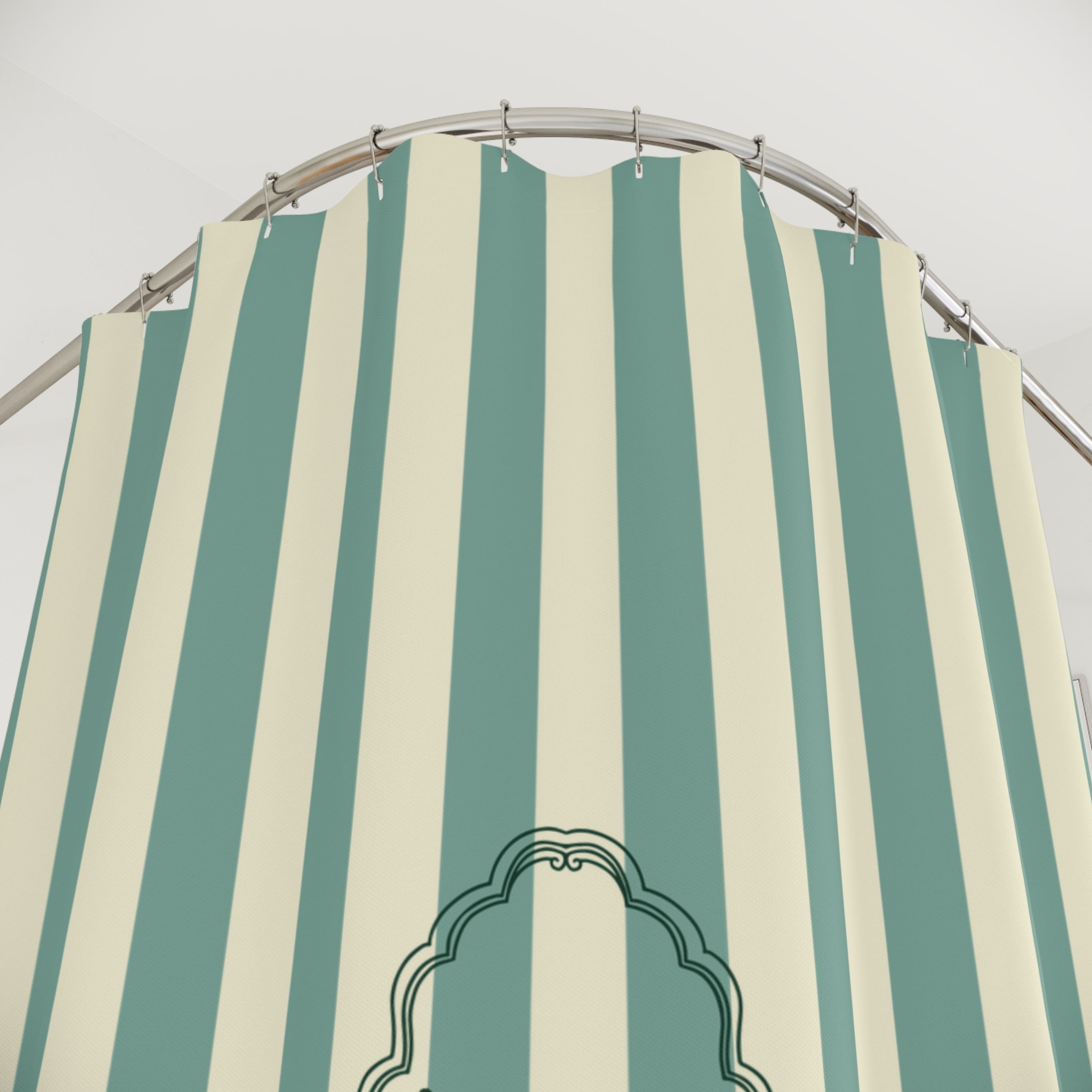 Striped Green/Cream Shower Curtain with Duck "Le Bain"  — French Kids Bathroom Decor