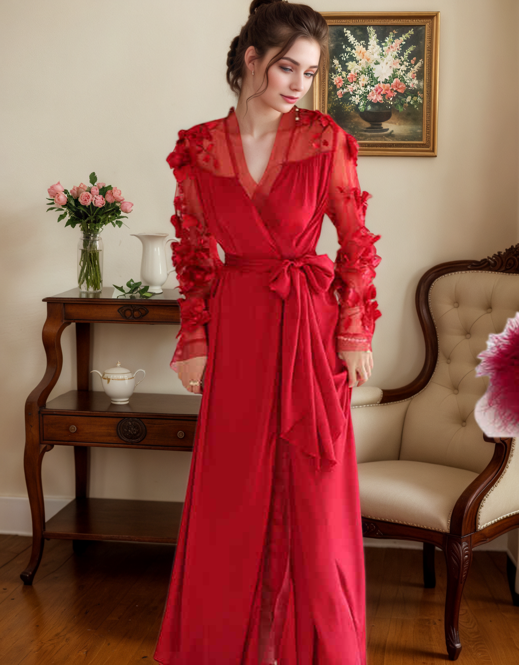 3D Floral Appliqué Sheer Sleeve Satin Robe – Wine Red or Ivory White