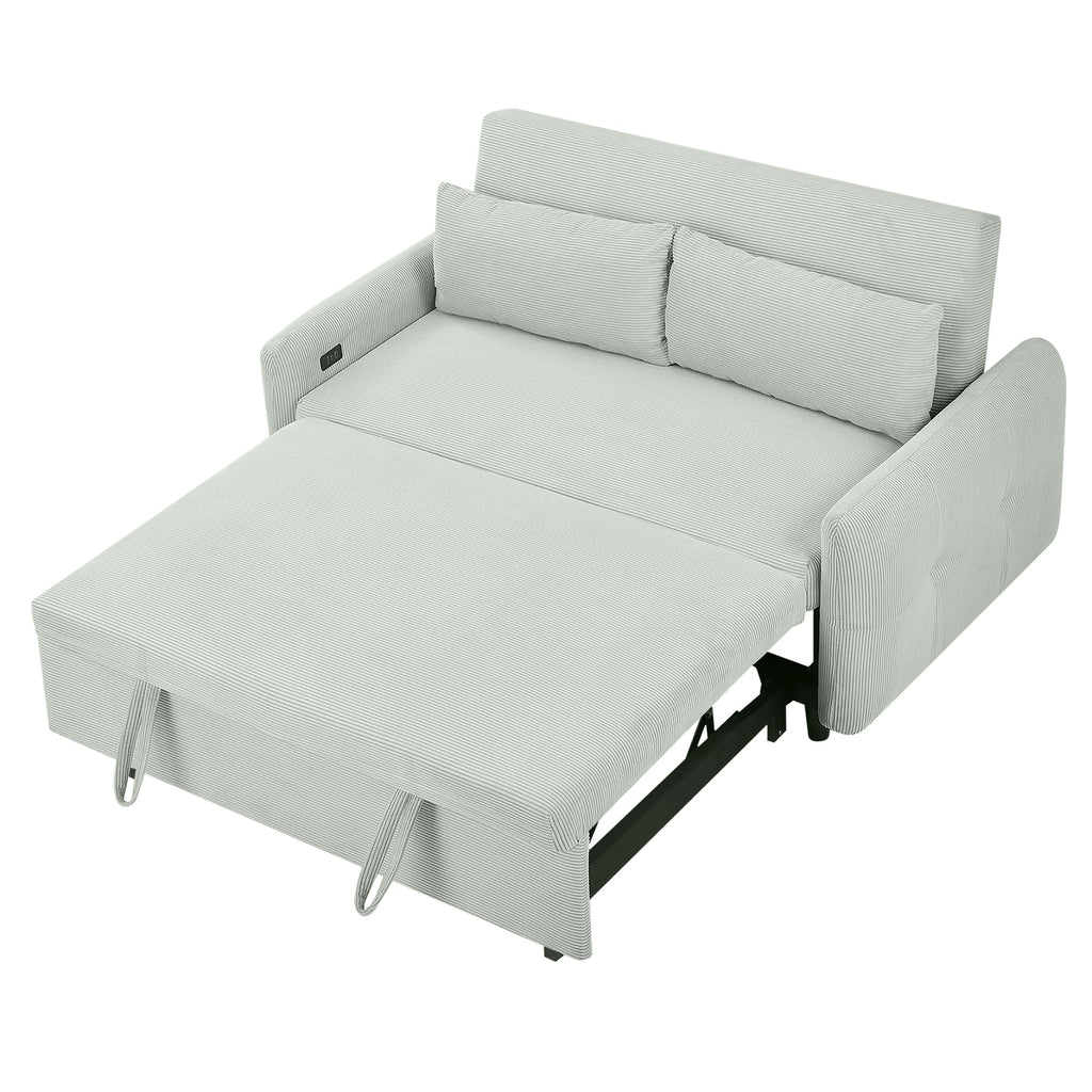 Modern Convertible Pull-out Sofa Bed Loveseat with USB Ports, Light Grey-Green Corduroy, 57.48 Inches