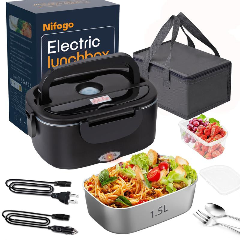 Electric Lunch Box 80W 1.5L Stainless Steel Bento Warmer with Indicator Light & Portable Tableware Set for Home Office Travel Food Quick Storage Fork 80W/1.5L/Black
