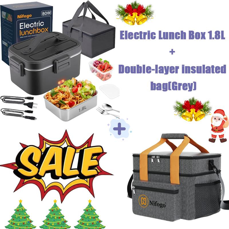 Electric Lunch Box 80W 1.5L Stainless Steel Bento Warmer with Indicator Light & Portable Tableware Set for Home Office Travel Food Quick Storage Fork 80W/1.5L/Black