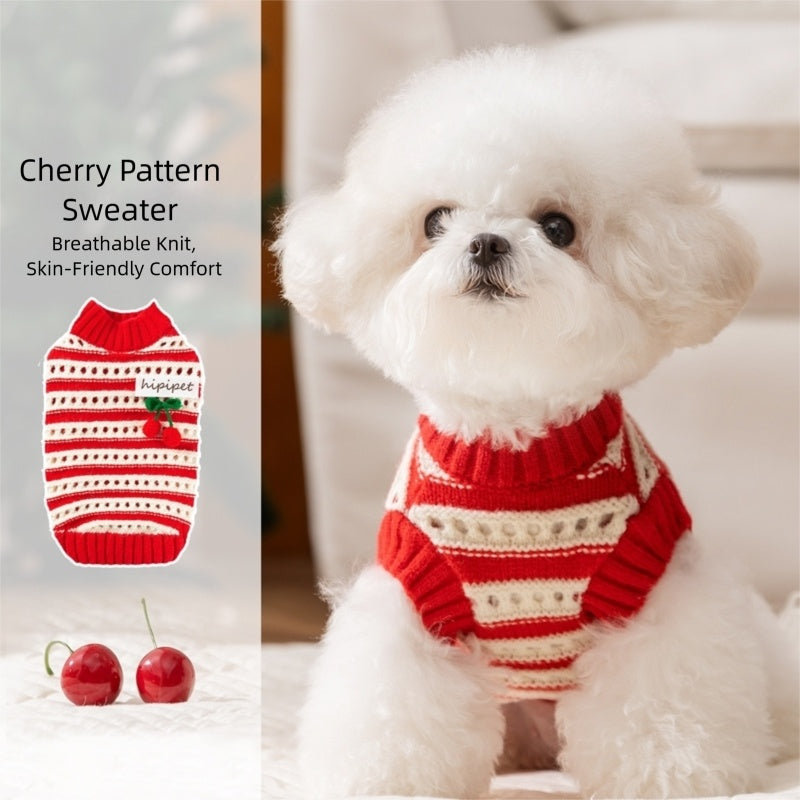 Autumn And Winter Dog Clothing, Warm, Hollowed-out Knitted Cherry Small Dog, Teddy Bichon, Cat Sweater, Pet Clothing