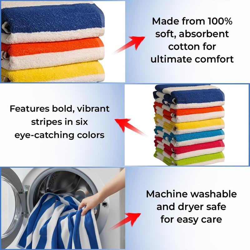 100% Cotton Bath Towel, Pack of 6, Cabana Lightweight Stripe