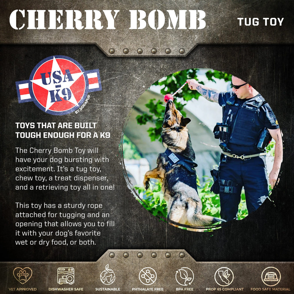 USA-K9 Cherry Bomb Rubber Dog Chew Toy | K9 Handler Reward Toy | Blue | USA Made