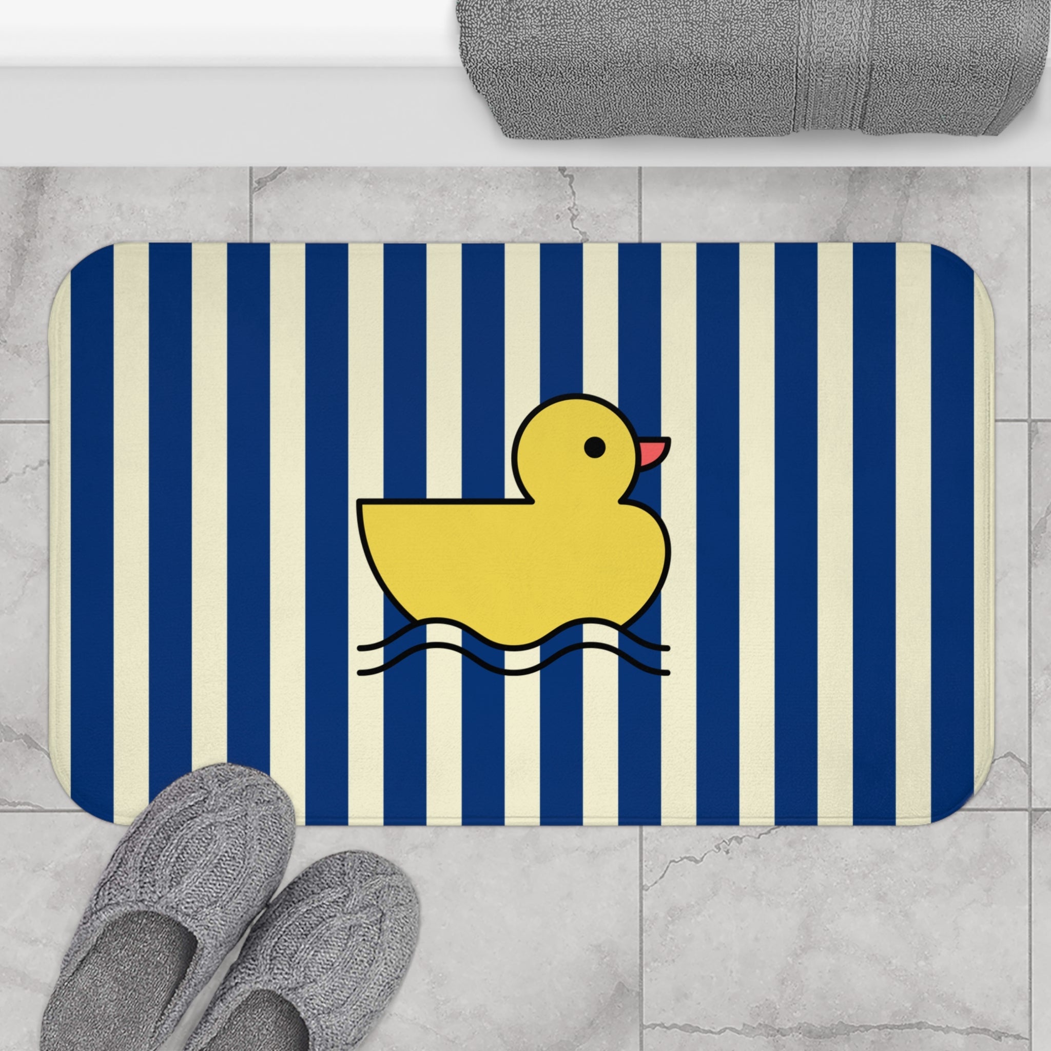 Cute Rubber Ducky Bath Mat — Navy Striped Kids Bathroom Rug