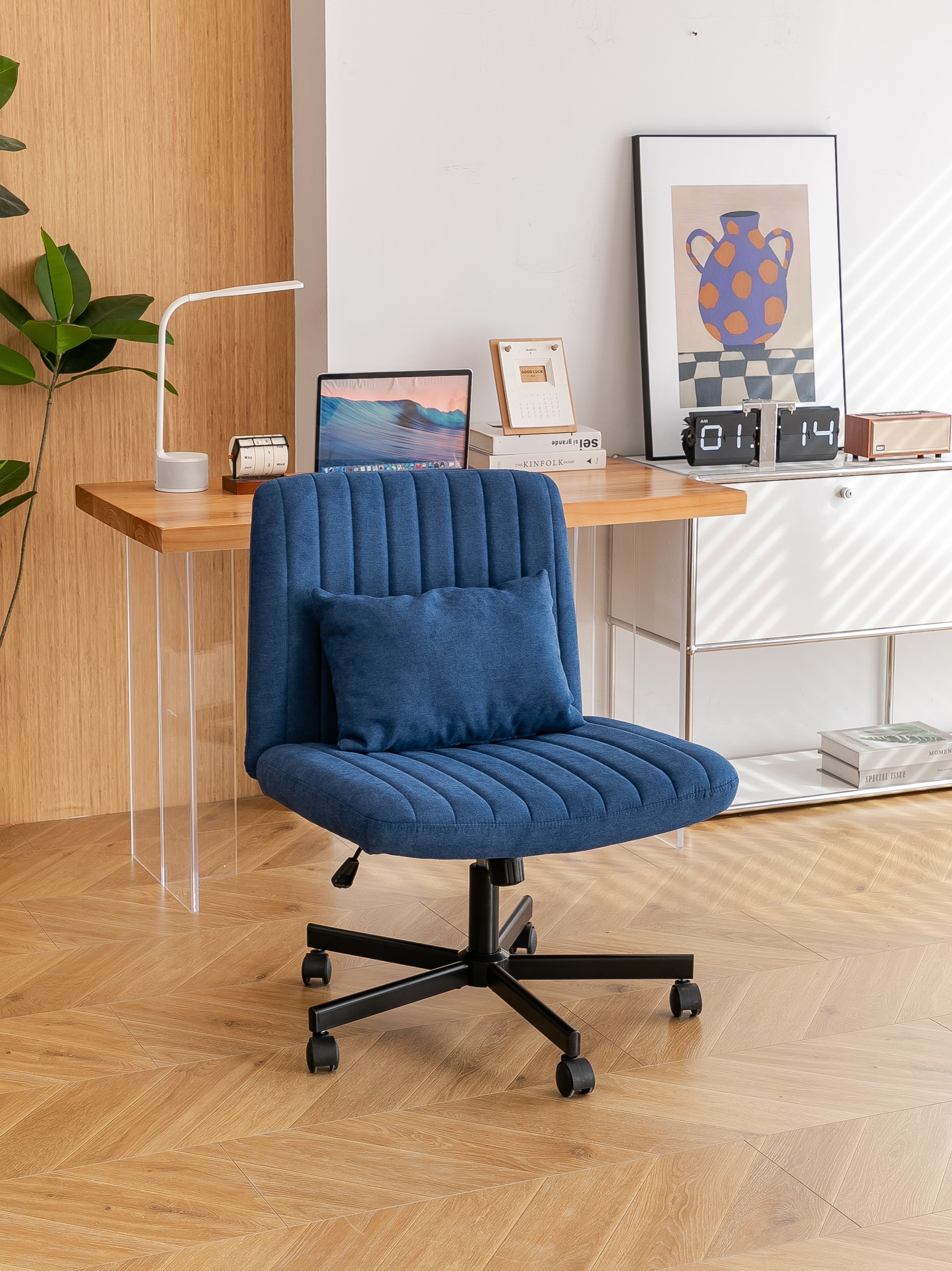 Swivel Office Chair Linen Blue Criss Cross Memory Foam 360 Degree 25.2 In